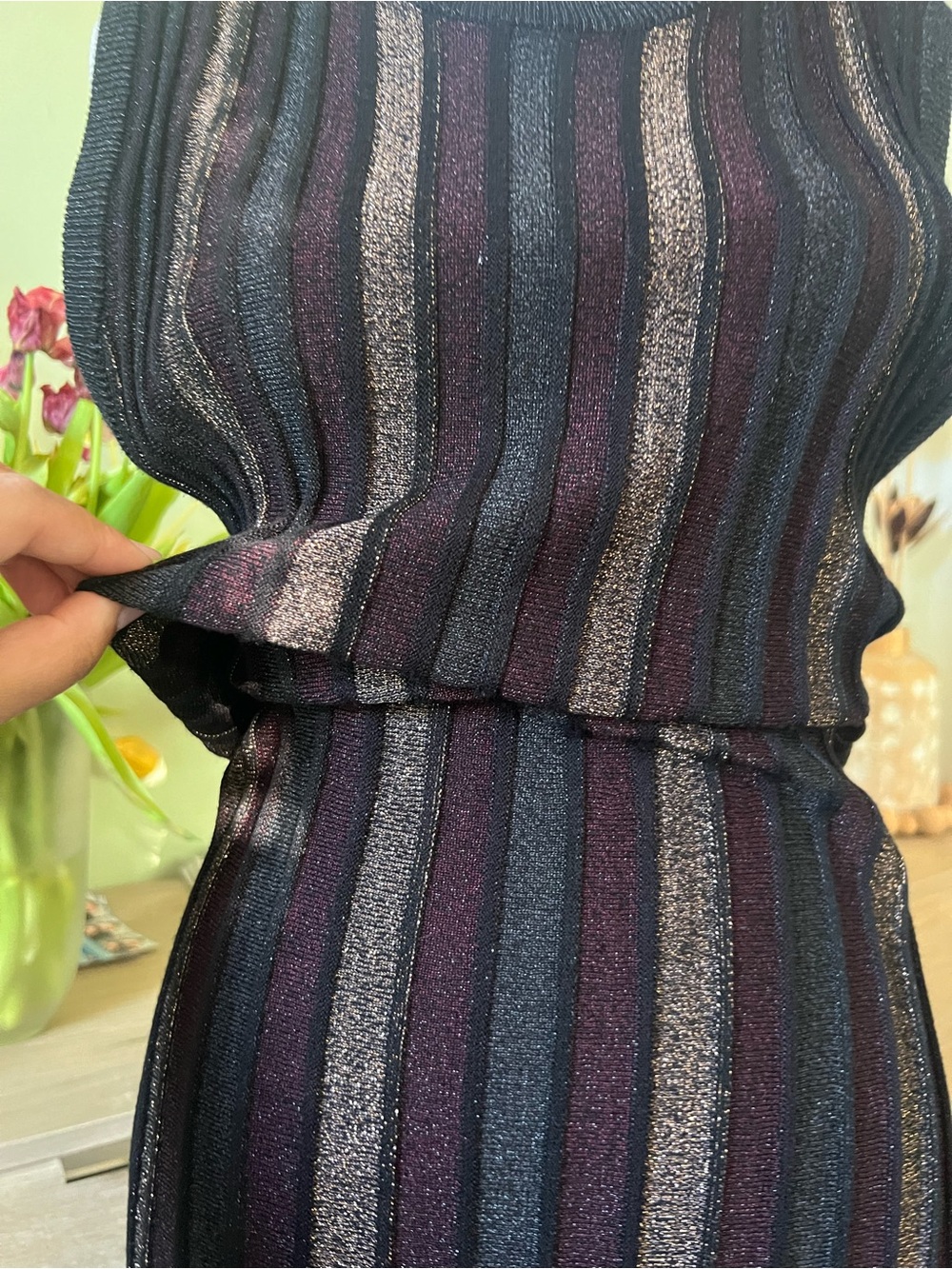 Striped Metallic Sparkly Pleated A-Line Midi Maxi Stretchy Sweater Dress Sz L